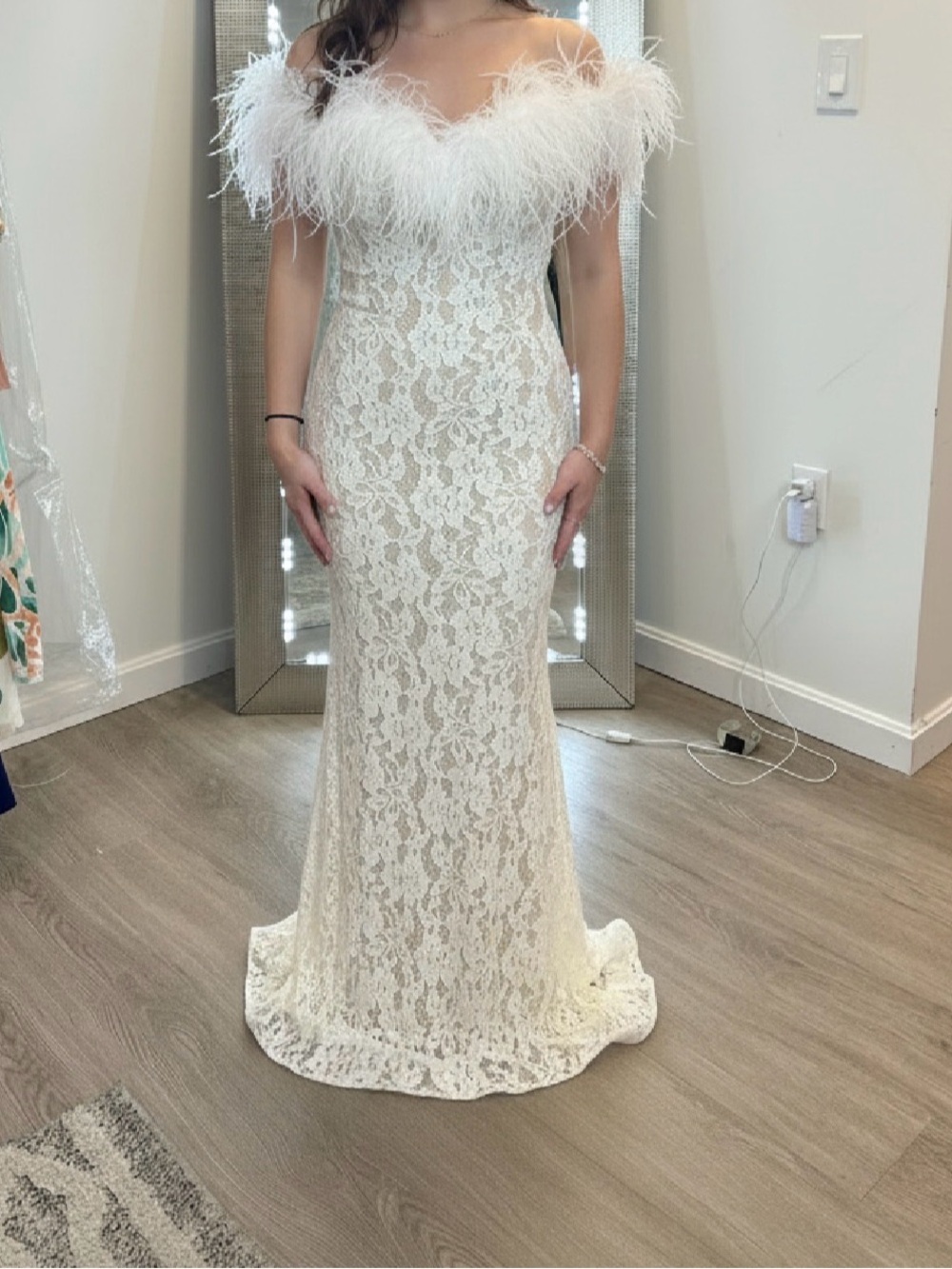 Jovani Off-Shoulder Feather Lace Wedding Gown in Ivory